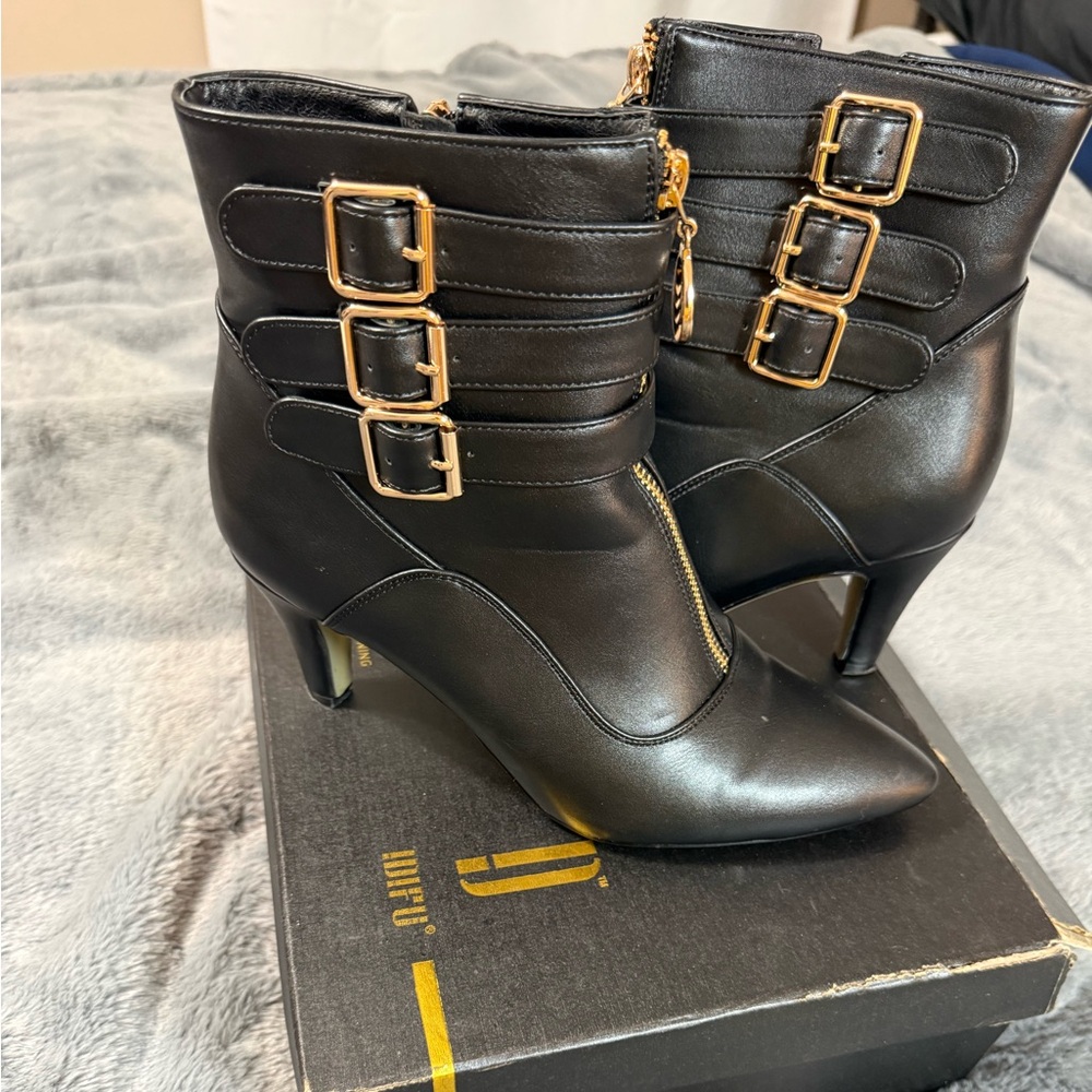 Elegant Black Ankle Boots with Gold Buckles